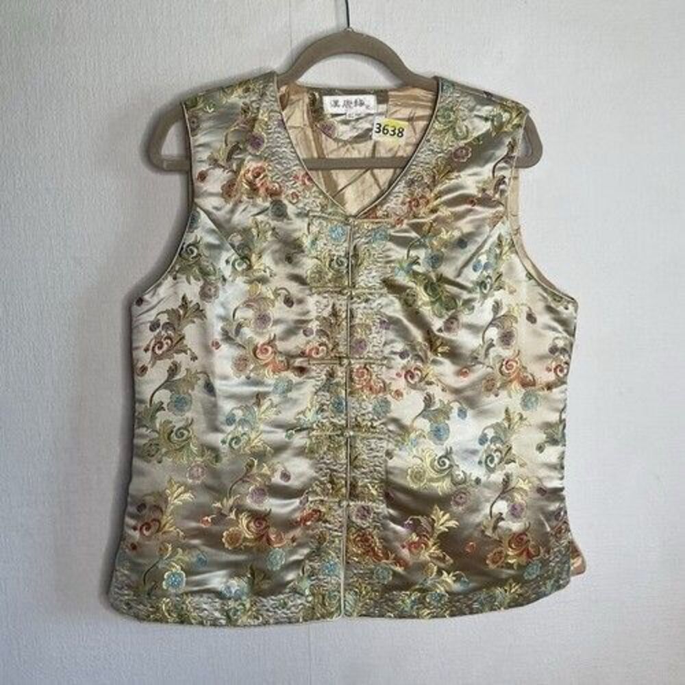 VTG Merlion Asian Mandarin Silky Brocade Zip Sides Blouse Vest Top Women Size XL